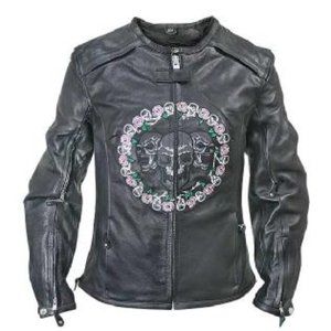 Leather Moto Jacket Skulls and Roses Black Pink Size L
